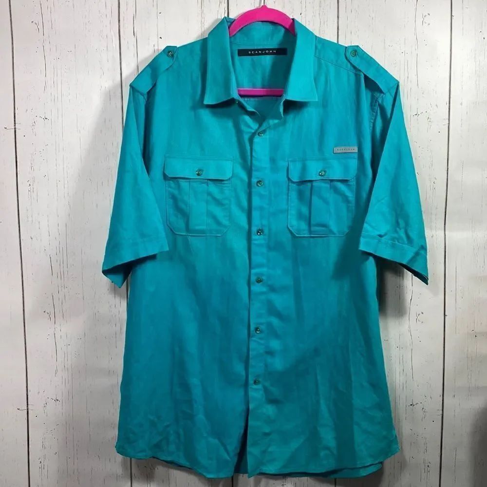 Sean John Aqua Linen Cotton Button Front Safari Shirt 2XL Resort Casual Coastal